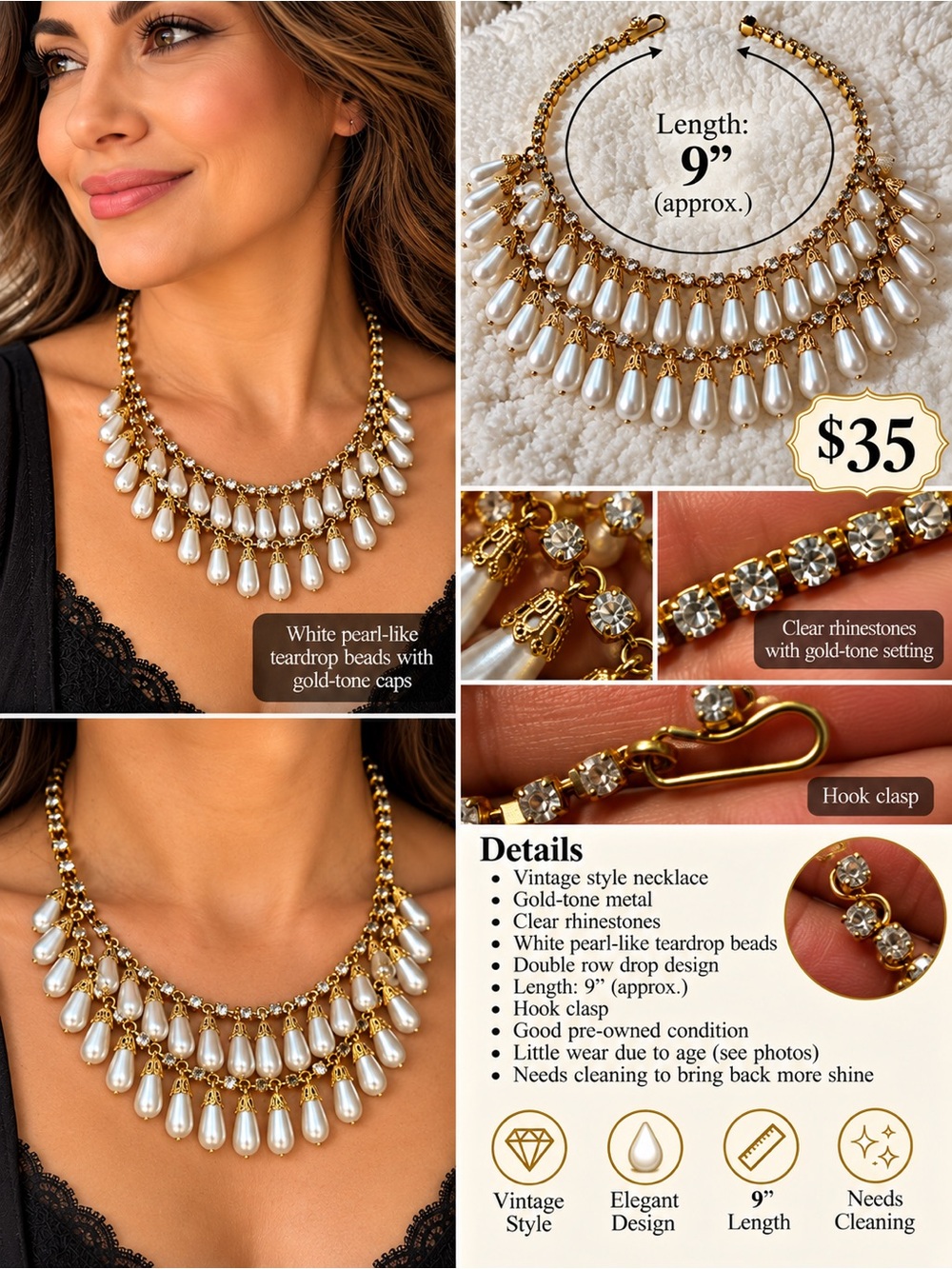 Gold-Tone Necklace with White Pearl-Like Teardrops - Vintage Style